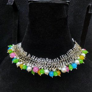 Vintage Statement Choker Necklace With Multicolors Beads  Kuchi Necklace
